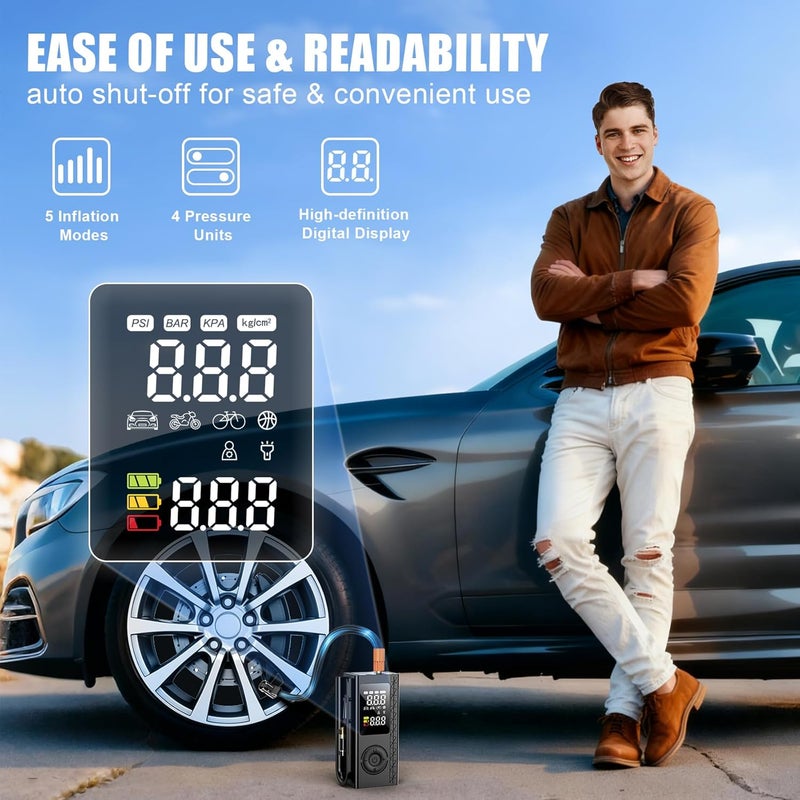 Blestan Tire Inflator Portable Air Compressor, 150PSI Cordless Air Pump For Car Tires, Bike Pump, Motorcycle, Balls with Digital Pressure Gauge, LED Light and Auto Shut-Off Function, Car Accessories, Black - Image 4
